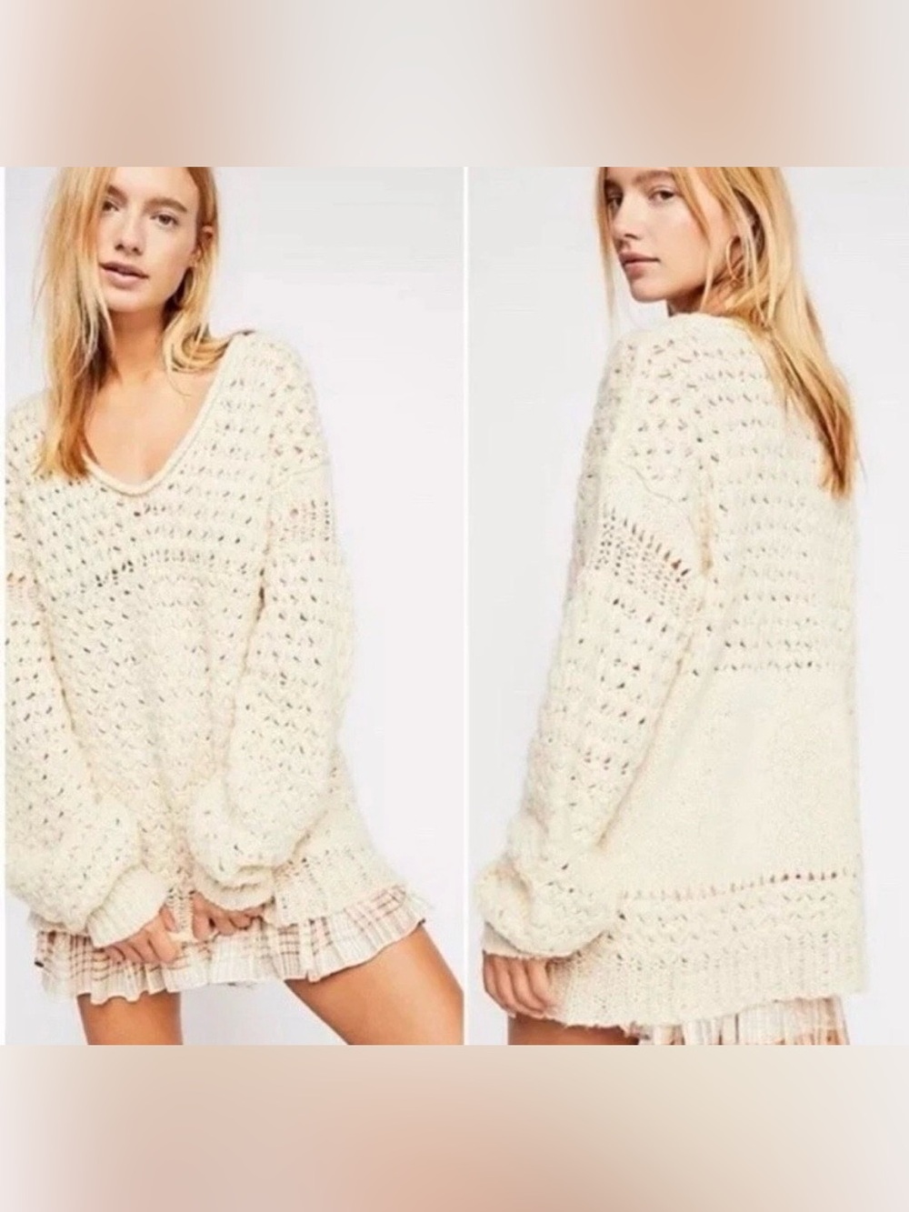 Free People Ivory Open-Knit V-Neck Oversized Sweater